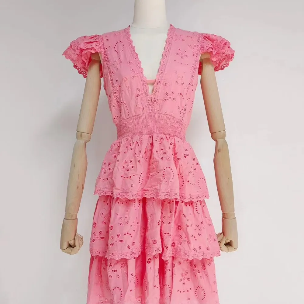 2023 Abito corto da donna rosa a vita cava con scollo a V in stile fresco di nicchia australiana