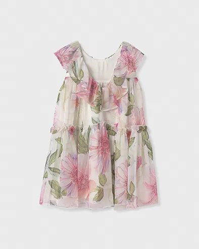 Abito corto senza maniche in fantasia floreale rosa e verde con balza 4-7 anni