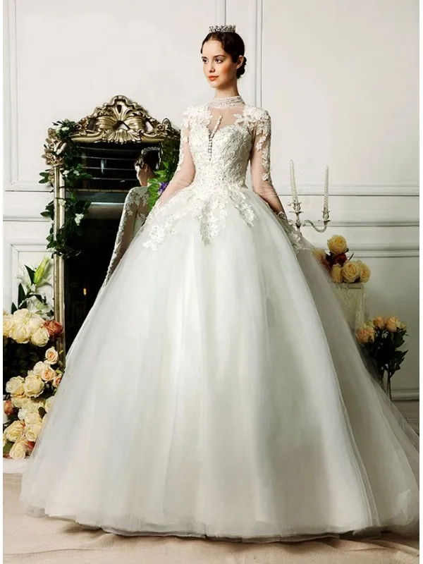 Abito da Sposa A-line economico di Tulle accollato con maniche lunghe di pizzo