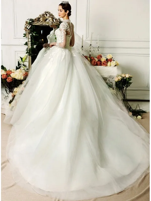 Abito da Sposa A-line economico di Tulle accollato con maniche lunghe di pizzo