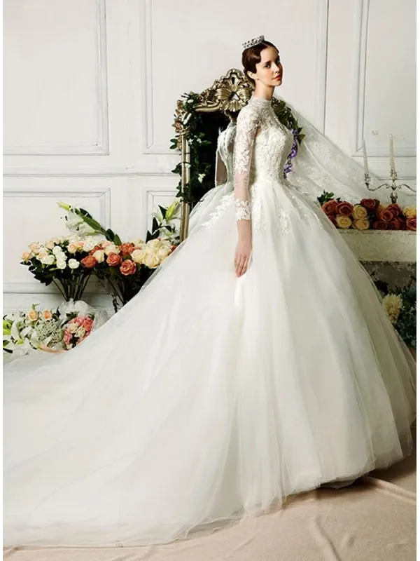 Abito da Sposa A-line economico di Tulle accollato con maniche lunghe di pizzo