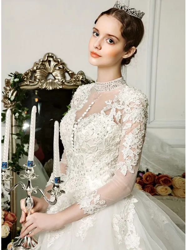Abito da Sposa A-line economico di Tulle accollato con maniche lunghe di pizzo