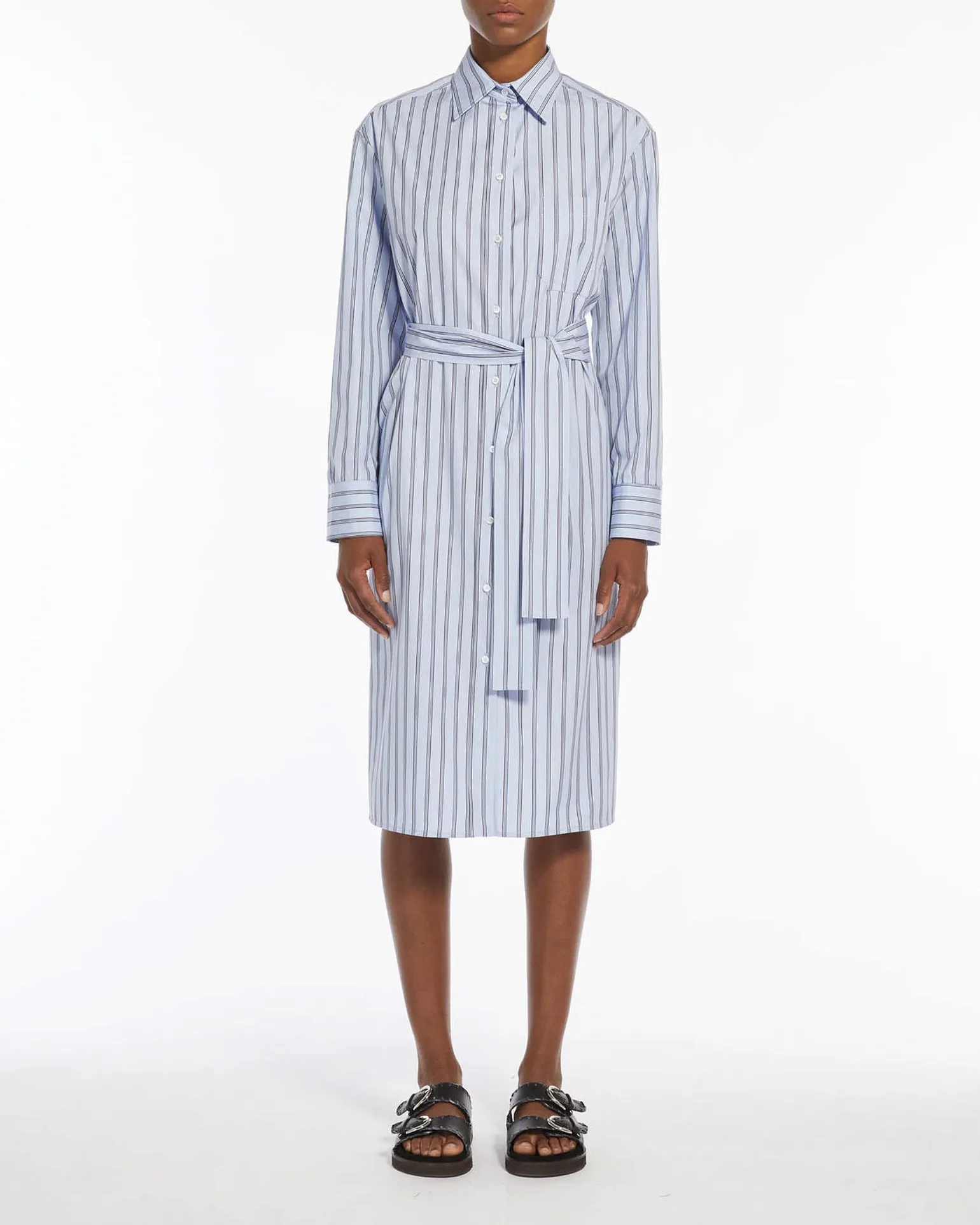Abito midi chemisier in cotone frontale a righe e retro in twill di seta a motivo batik