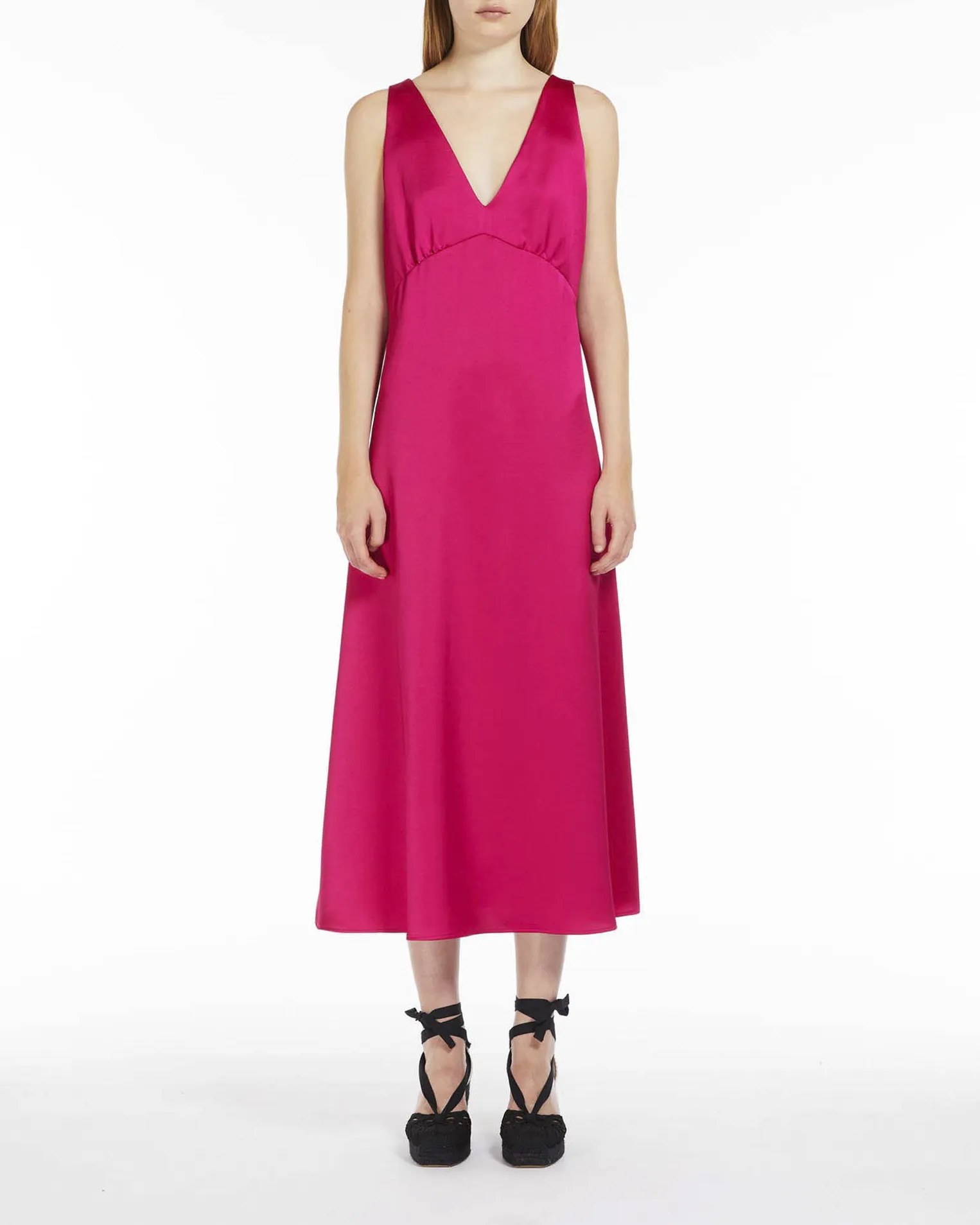 Abito midi fucsia senza maniche in tessuto effetto raso con scollo a V e coprispalle dritto