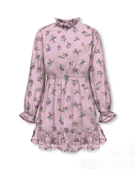 Abito rosa in georgette a maniche lunghe con colletto arricciato e stampa floreale 10-14 anni