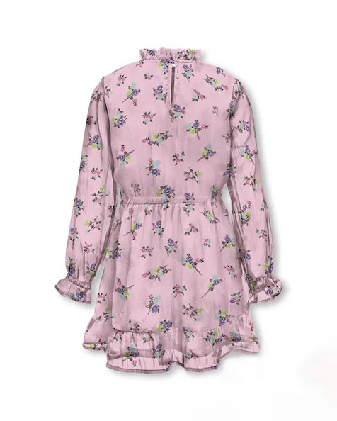 Abito rosa in georgette a maniche lunghe con colletto arricciato e stampa floreale 10-14 anni