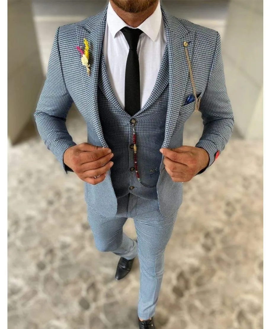 Abito uomo, con gilet - Blu - Fantasia - 3 pezzi