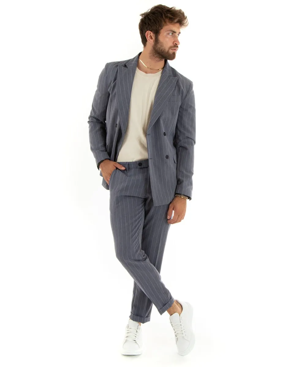 Abito Uomo Doppiopetto Vestito Viscosa Completo Giacca Pantaloni Grigio Rigato Gessato Elegante Cerimonia GIOSAL-OU2381A
