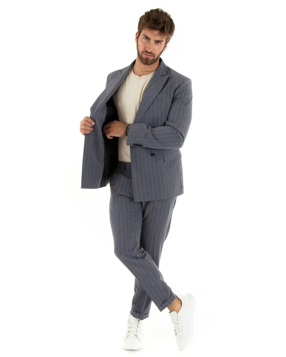 Abito Uomo Doppiopetto Vestito Viscosa Completo Giacca Pantaloni Grigio Rigato Gessato Elegante Cerimonia GIOSAL-OU2381A