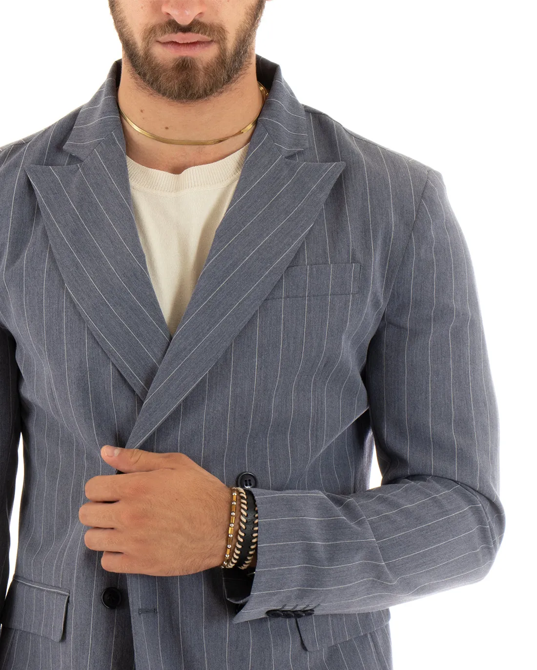 Abito Uomo Doppiopetto Vestito Viscosa Completo Giacca Pantaloni Grigio Rigato Gessato Elegante Cerimonia GIOSAL-OU2381A