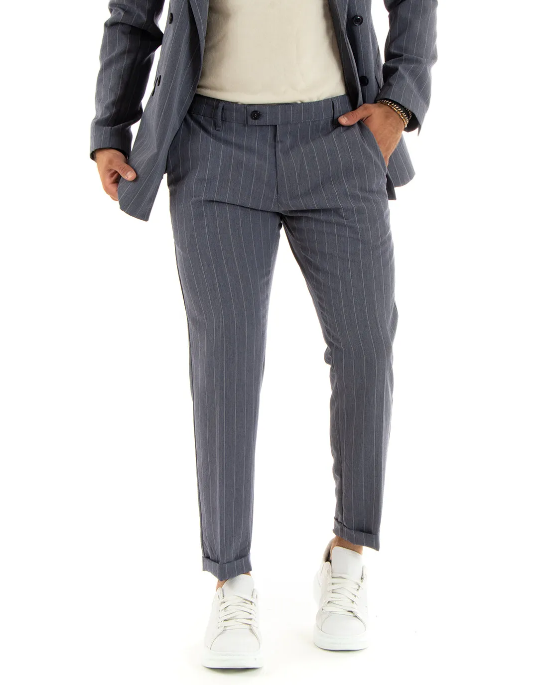 Abito Uomo Doppiopetto Vestito Viscosa Completo Giacca Pantaloni Grigio Rigato Gessato Elegante Cerimonia GIOSAL-OU2381A