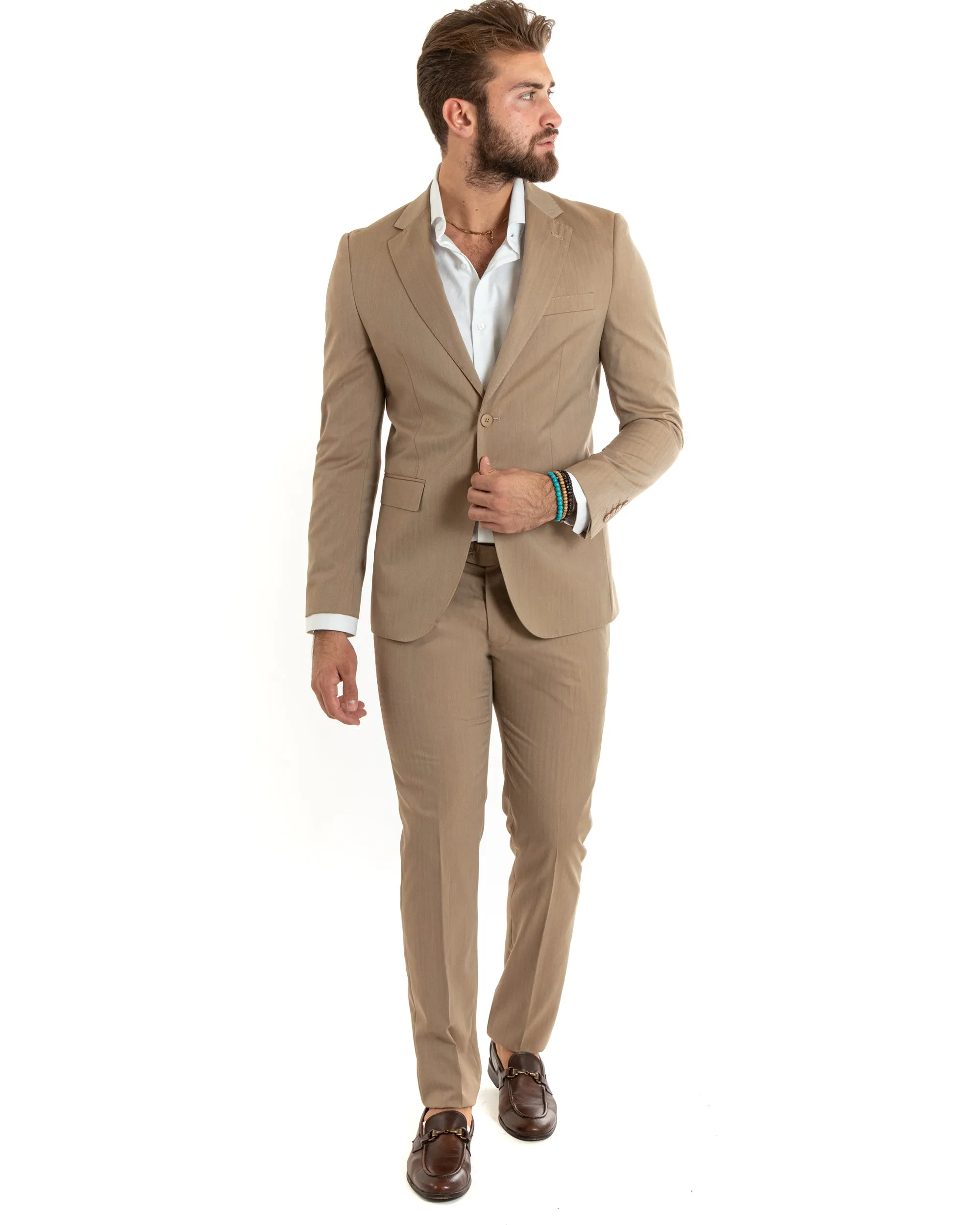 Abito Uomo Monopetto Vestito Gessato Solaro Completo Giacca Pantaloni Beige Elegante Casual GIOSAL-OU2428A
