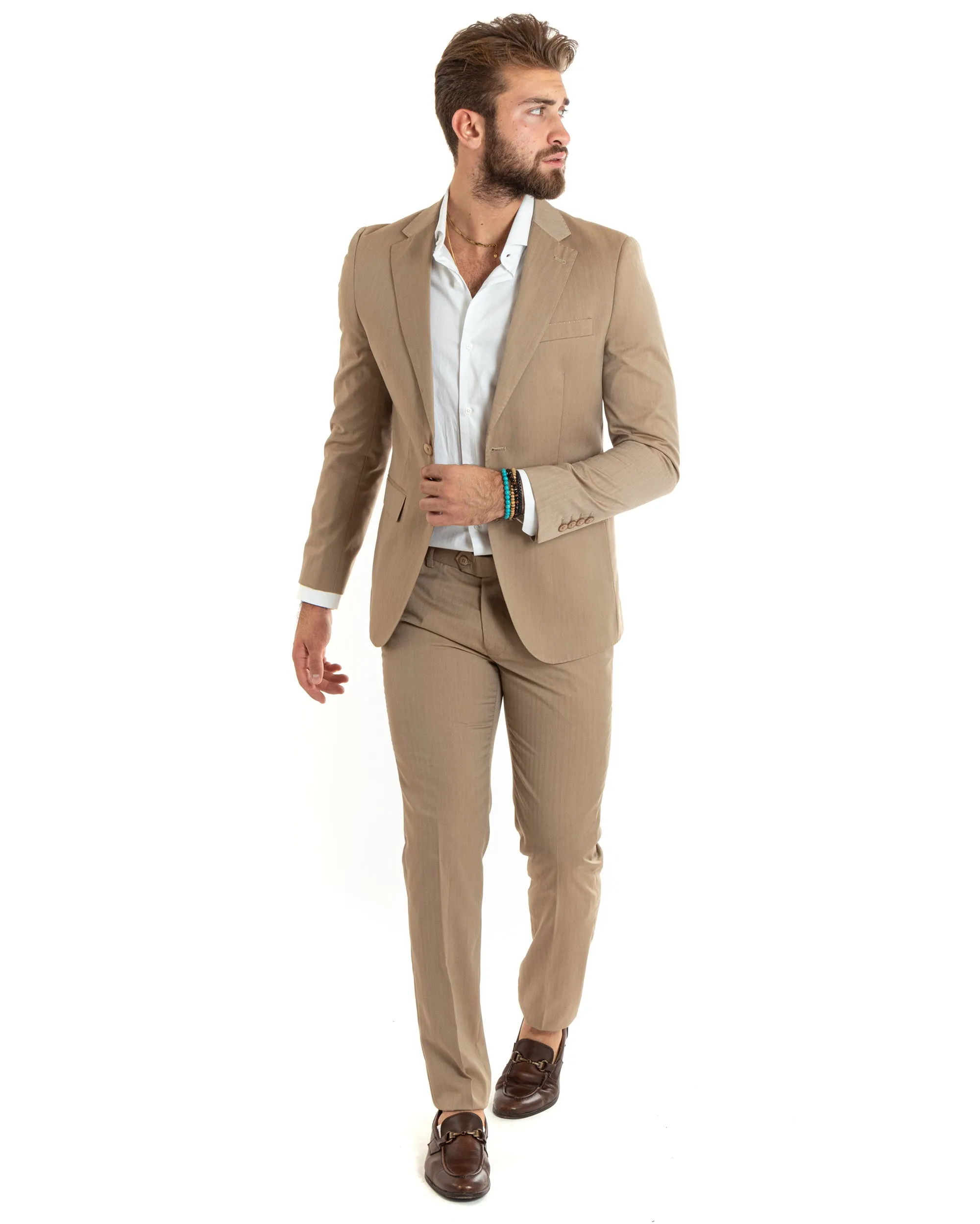 Abito Uomo Monopetto Vestito Gessato Solaro Completo Giacca Pantaloni Beige Elegante Casual GIOSAL-OU2428A