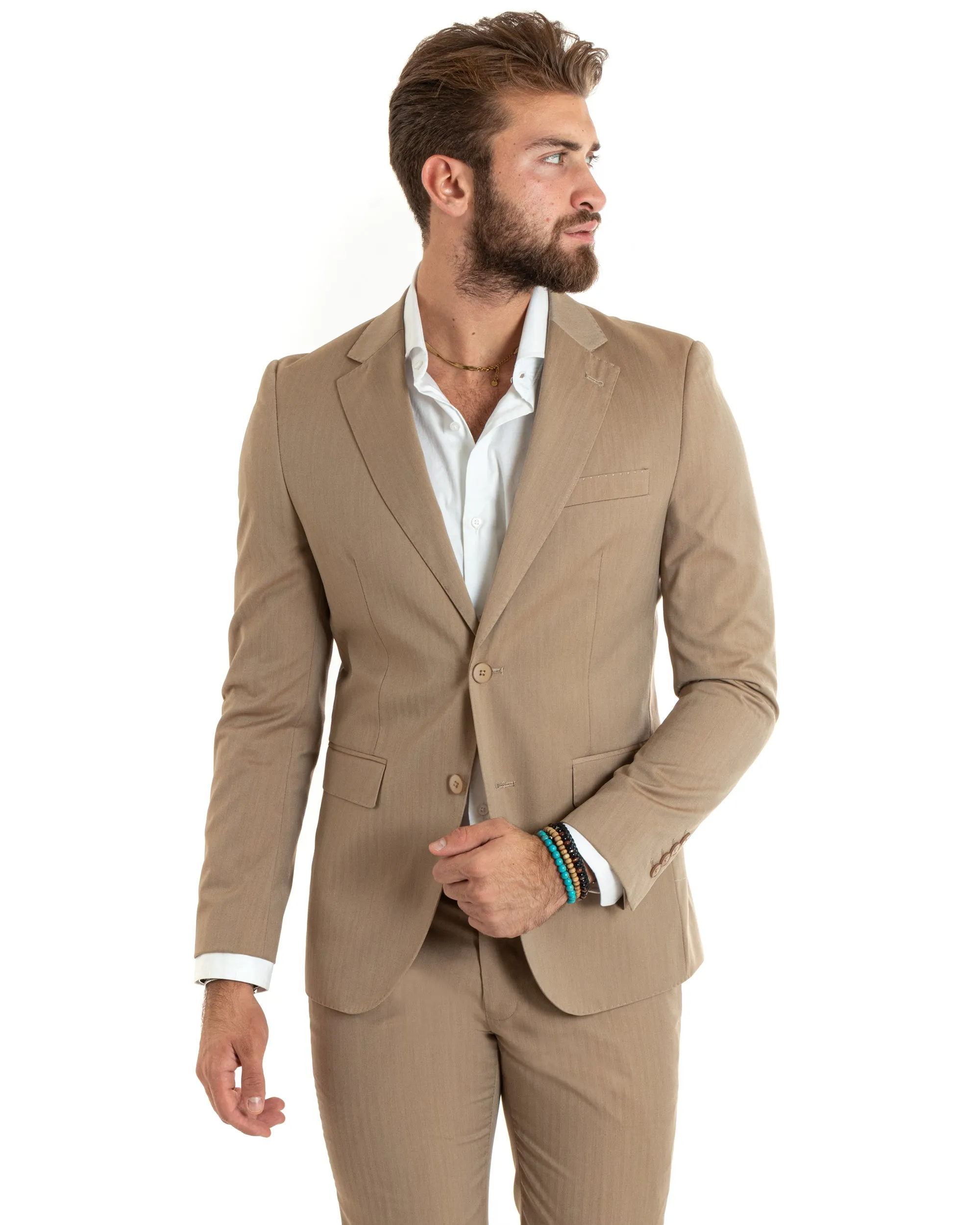 Abito Uomo Monopetto Vestito Gessato Solaro Completo Giacca Pantaloni Beige Elegante Casual GIOSAL-OU2428A