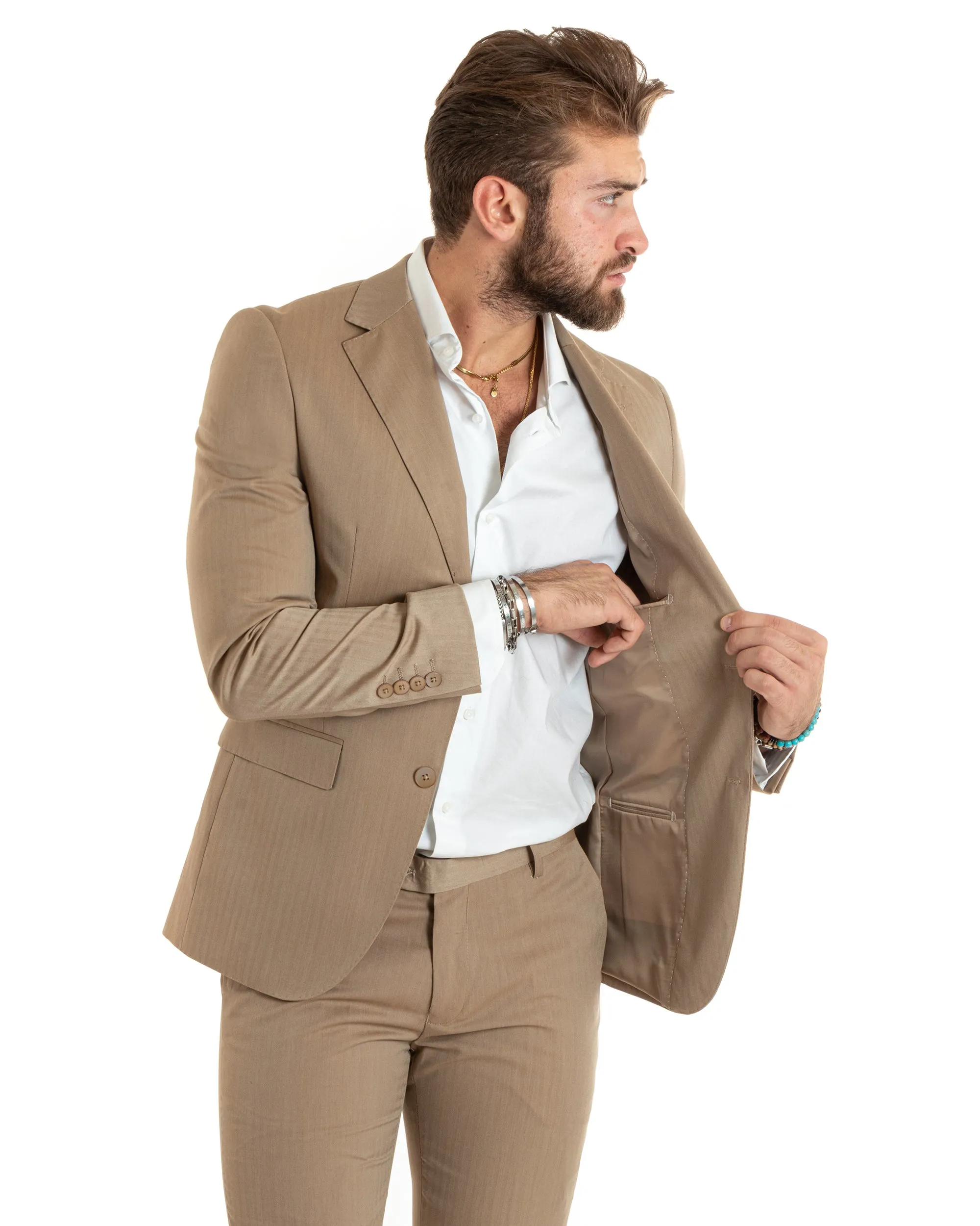 Abito Uomo Monopetto Vestito Gessato Solaro Completo Giacca Pantaloni Beige Elegante Casual GIOSAL-OU2428A