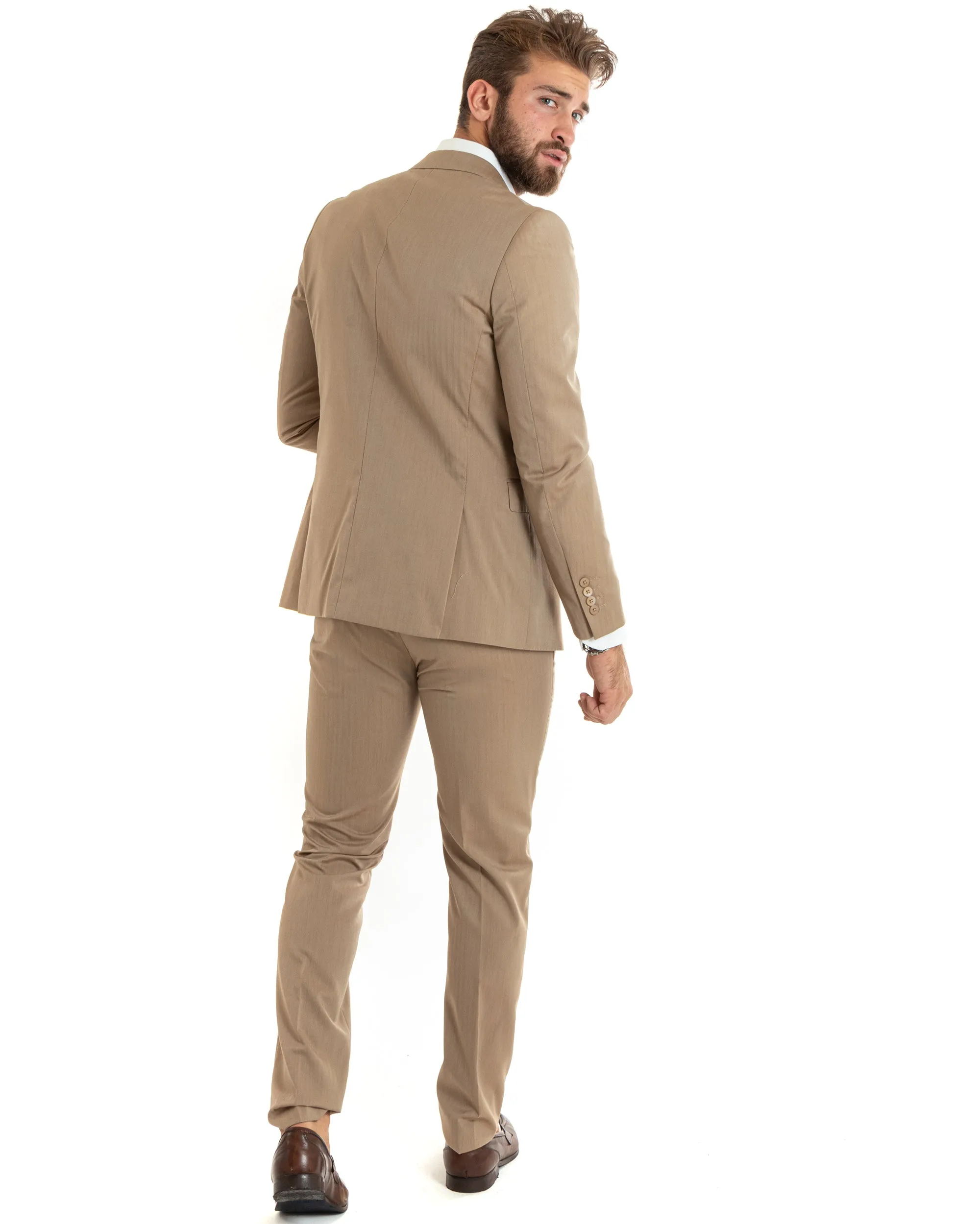 Abito Uomo Monopetto Vestito Gessato Solaro Completo Giacca Pantaloni Beige Elegante Casual GIOSAL-OU2428A