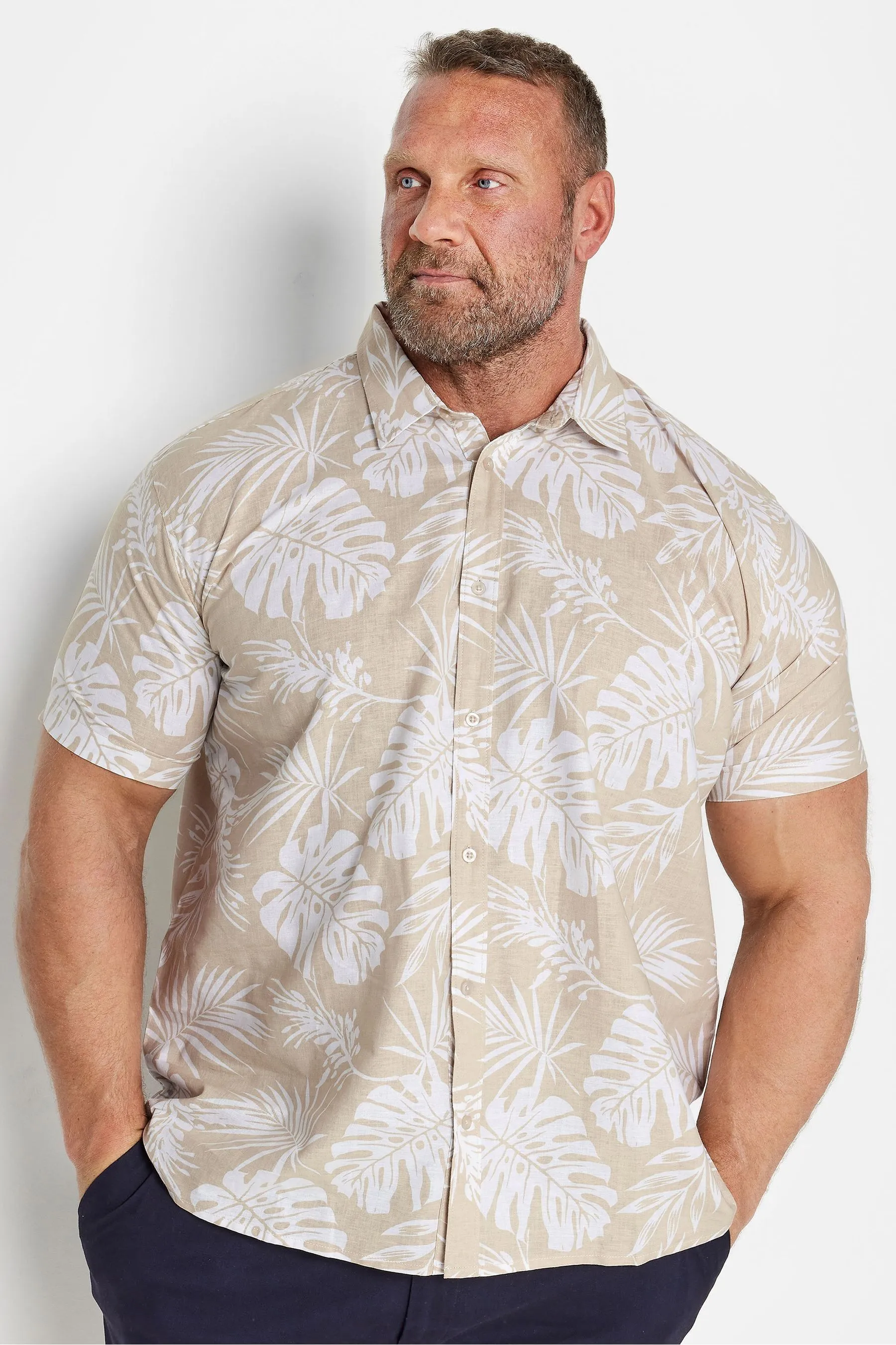 BadRhino Big & Tall BadRhino - Camicia in Marrone pregiato in lino con Stampa Manica corta tropicale    