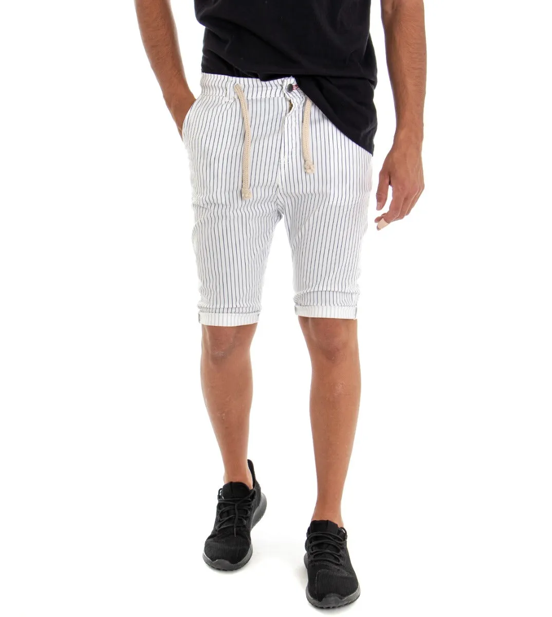 Bermuda Pantaloncino Uomo Rigato Tasca America Bianco Slim Cavallo Basso GIOSAL-PC1581A