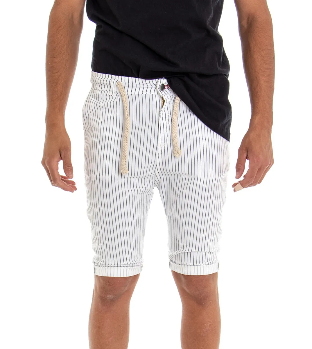 Bermuda Pantaloncino Uomo Rigato Tasca America Bianco Slim Cavallo Basso GIOSAL-PC1581A