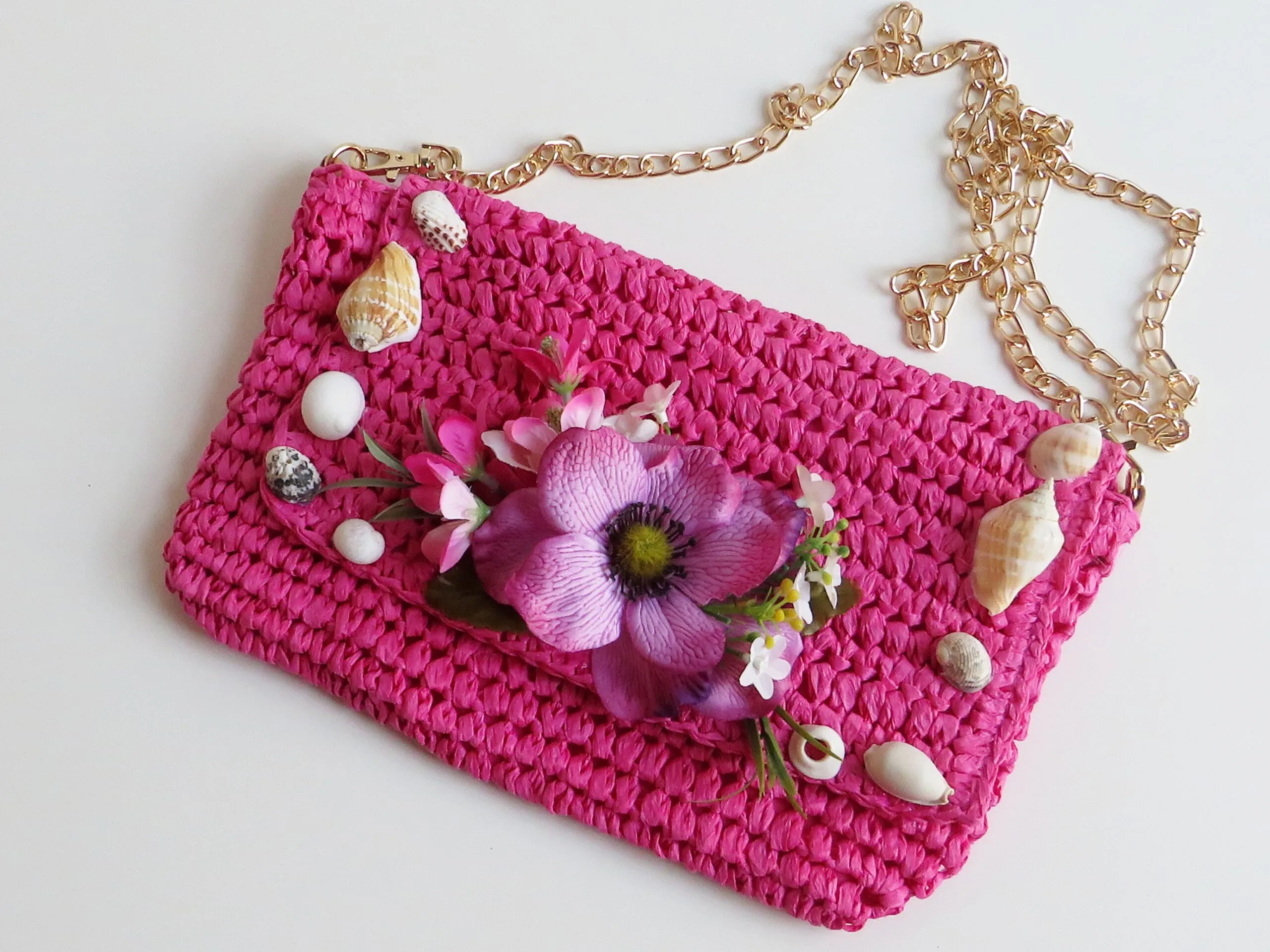 Borsa a Tracolla in Palma Nana con Fiori in Tessuto e Conchiglie