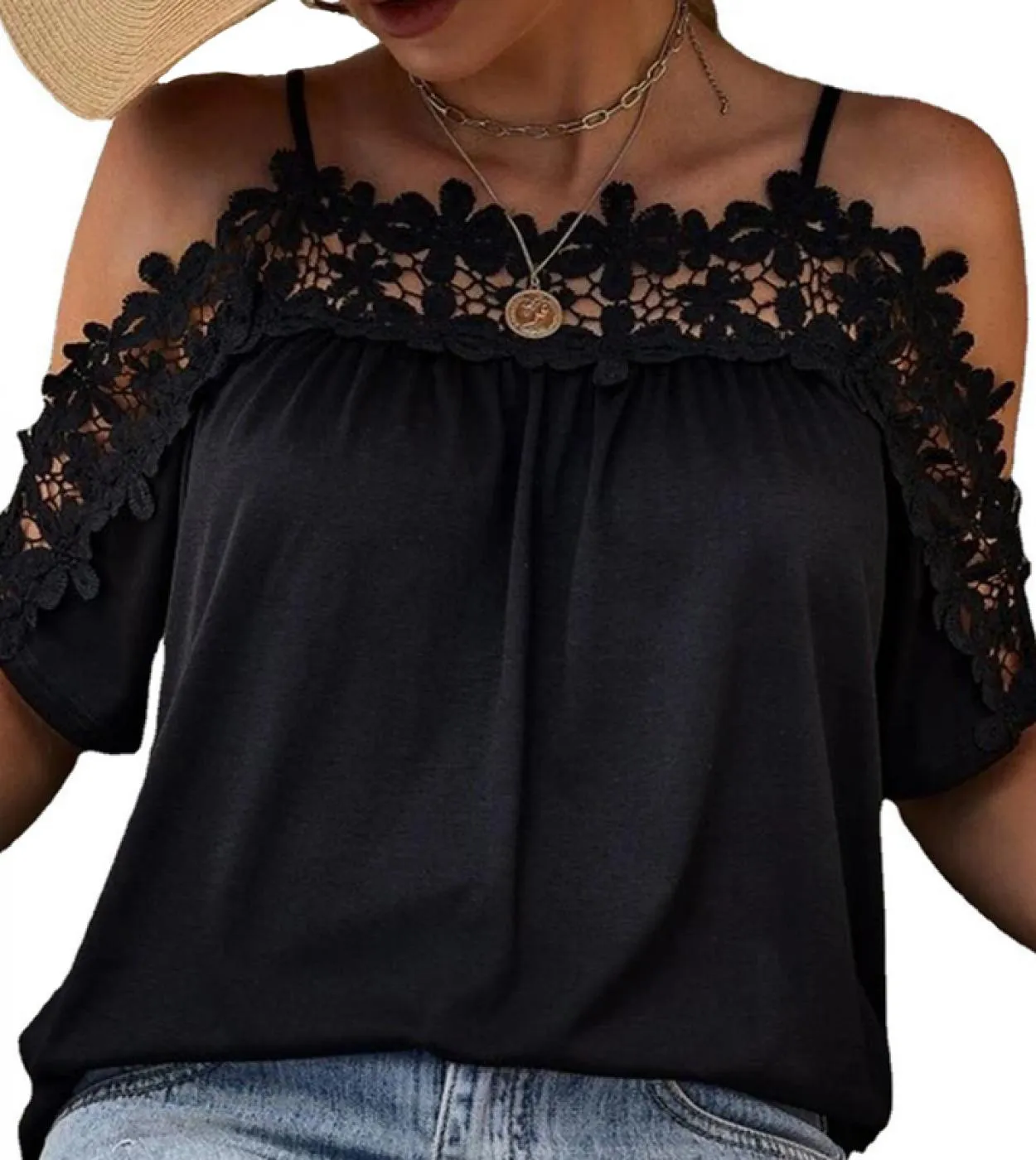 Camicetta in cotone con pizzo nero con spalle scoperte Camicetta da donna estiva a maniche corte con scollo a V manica corta all