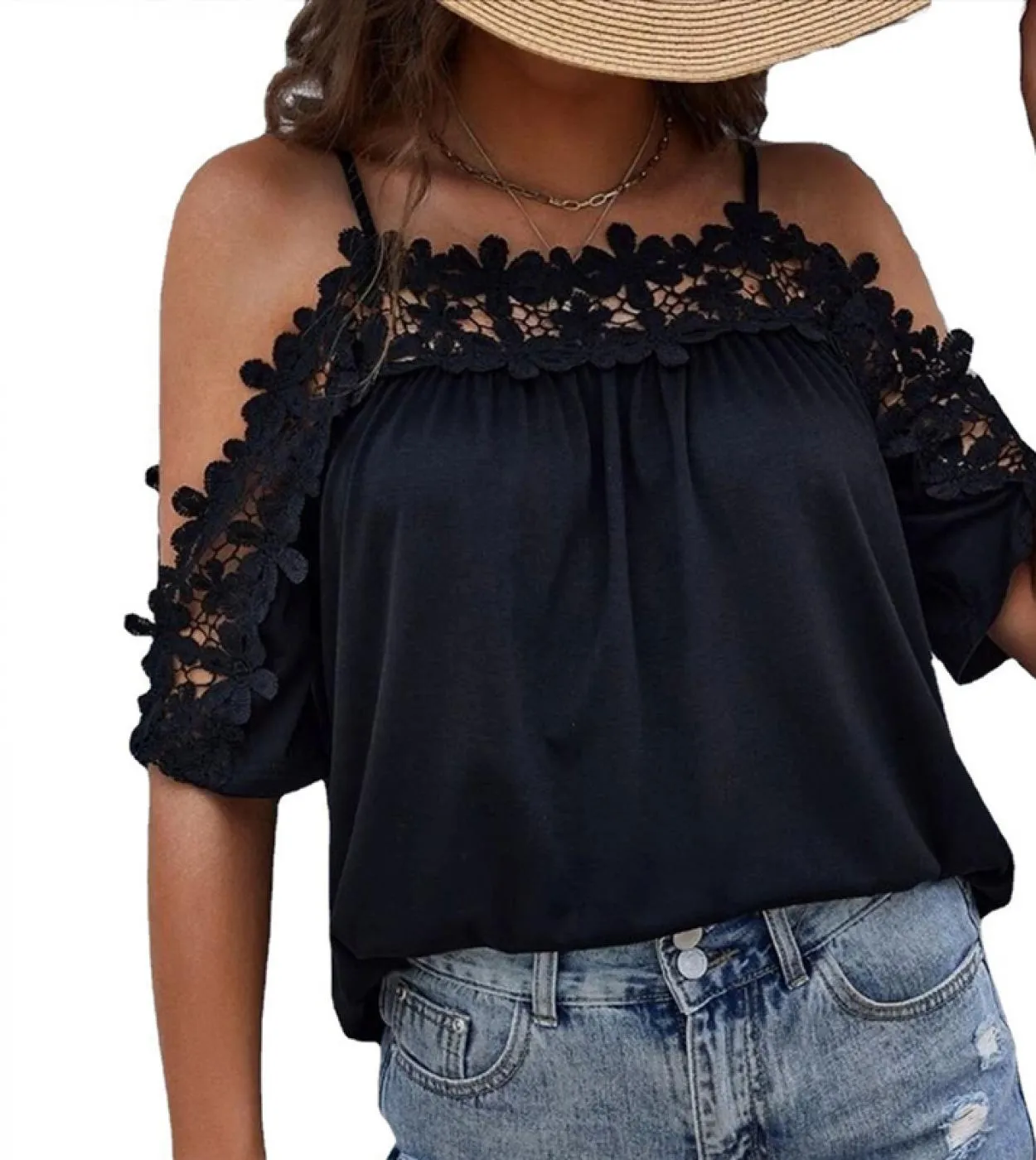 Camicetta in cotone con pizzo nero con spalle scoperte Camicetta da donna estiva a maniche corte con scollo a V manica corta all