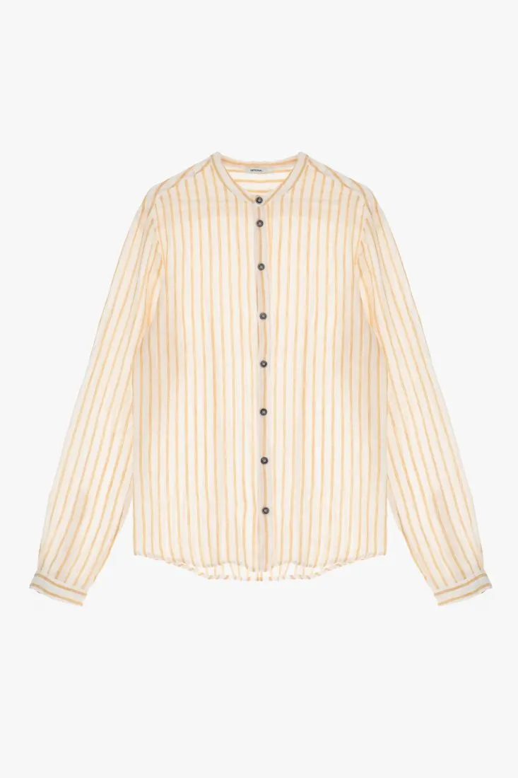 Camicia fantasia rigata in lino con bottoni a contrasto