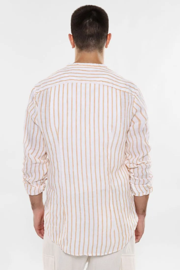 Camicia fantasia rigata in lino con bottoni a contrasto