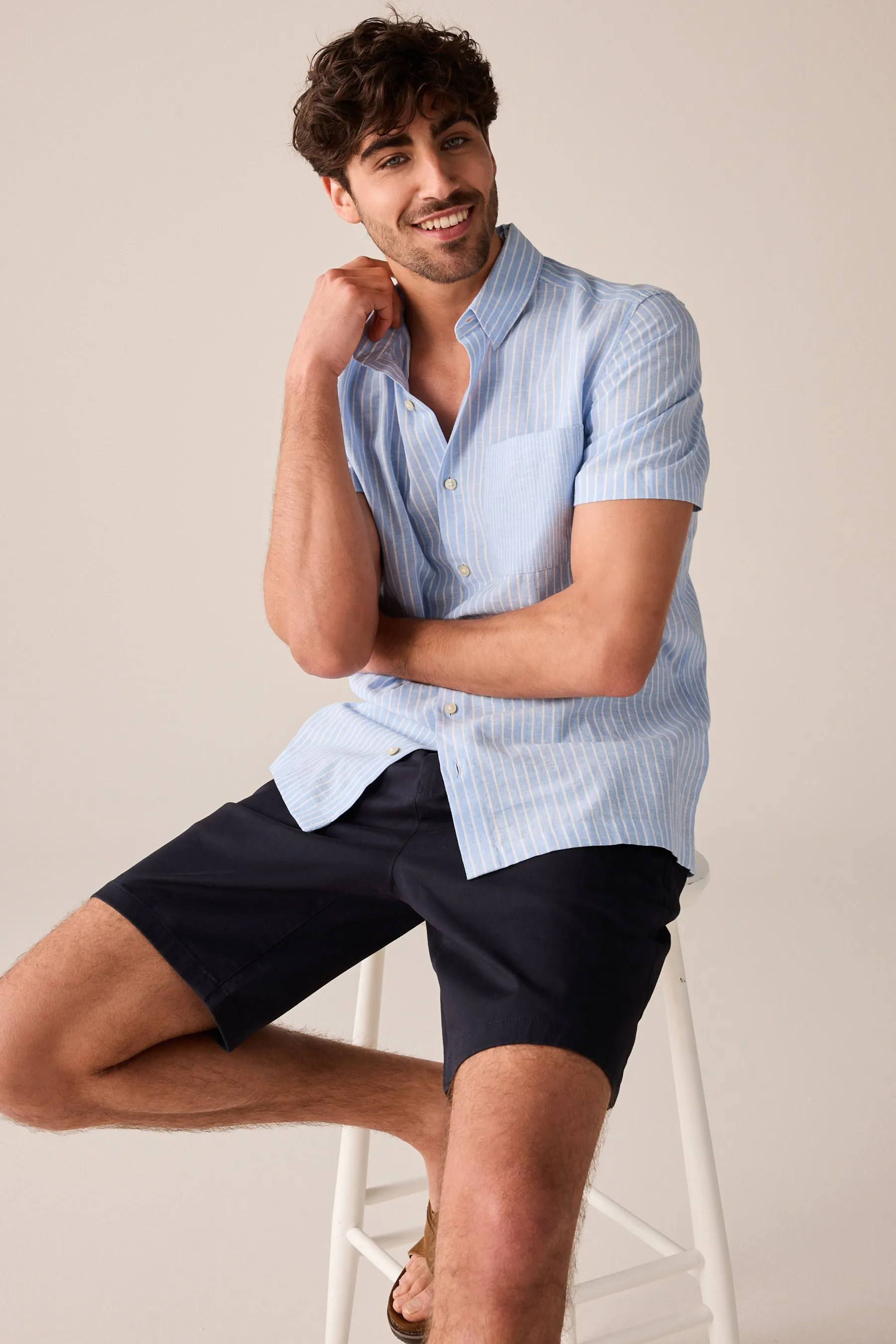 Camicia in Blend A righe Manica corta lino    
