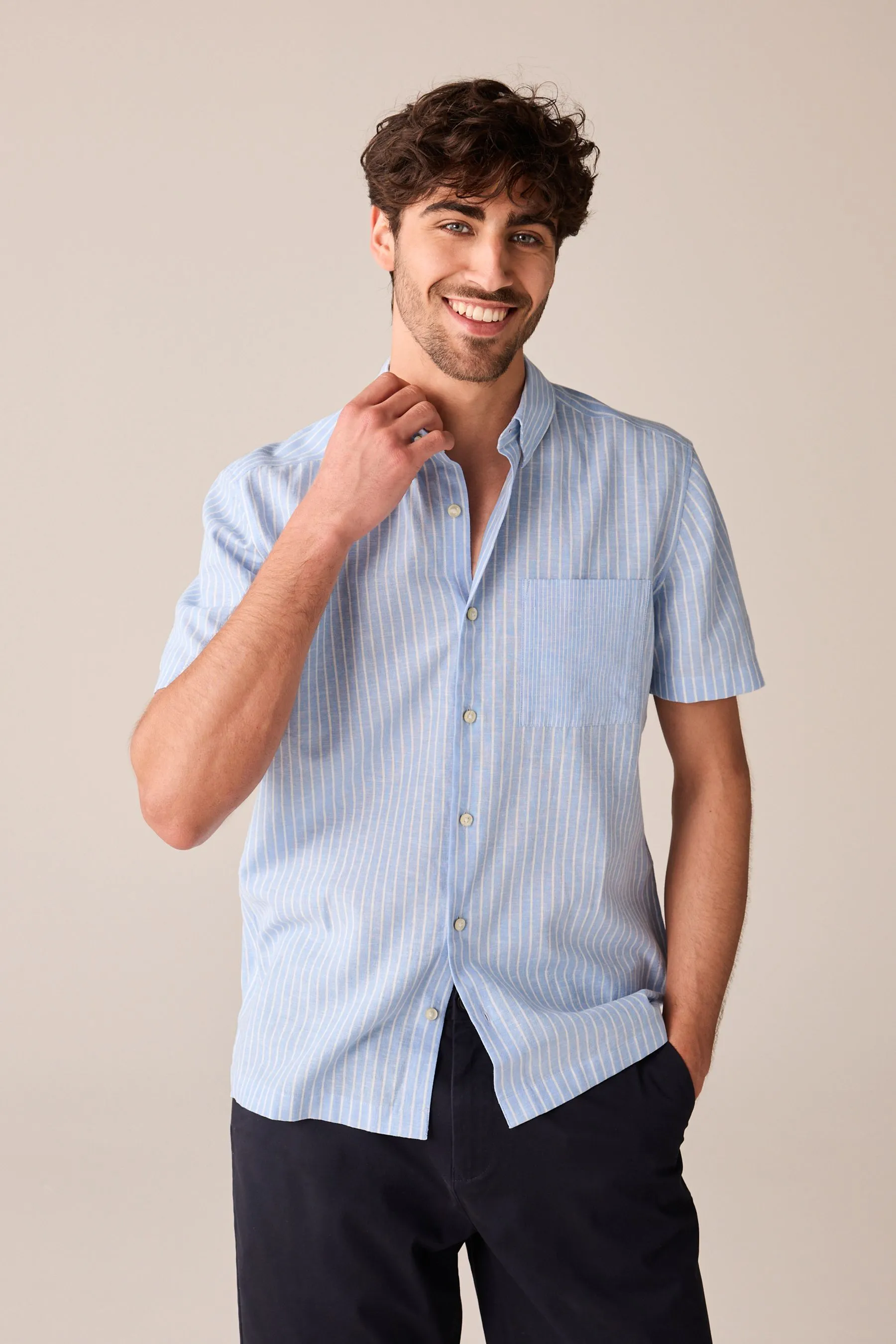 Camicia in Blend A righe Manica corta lino    