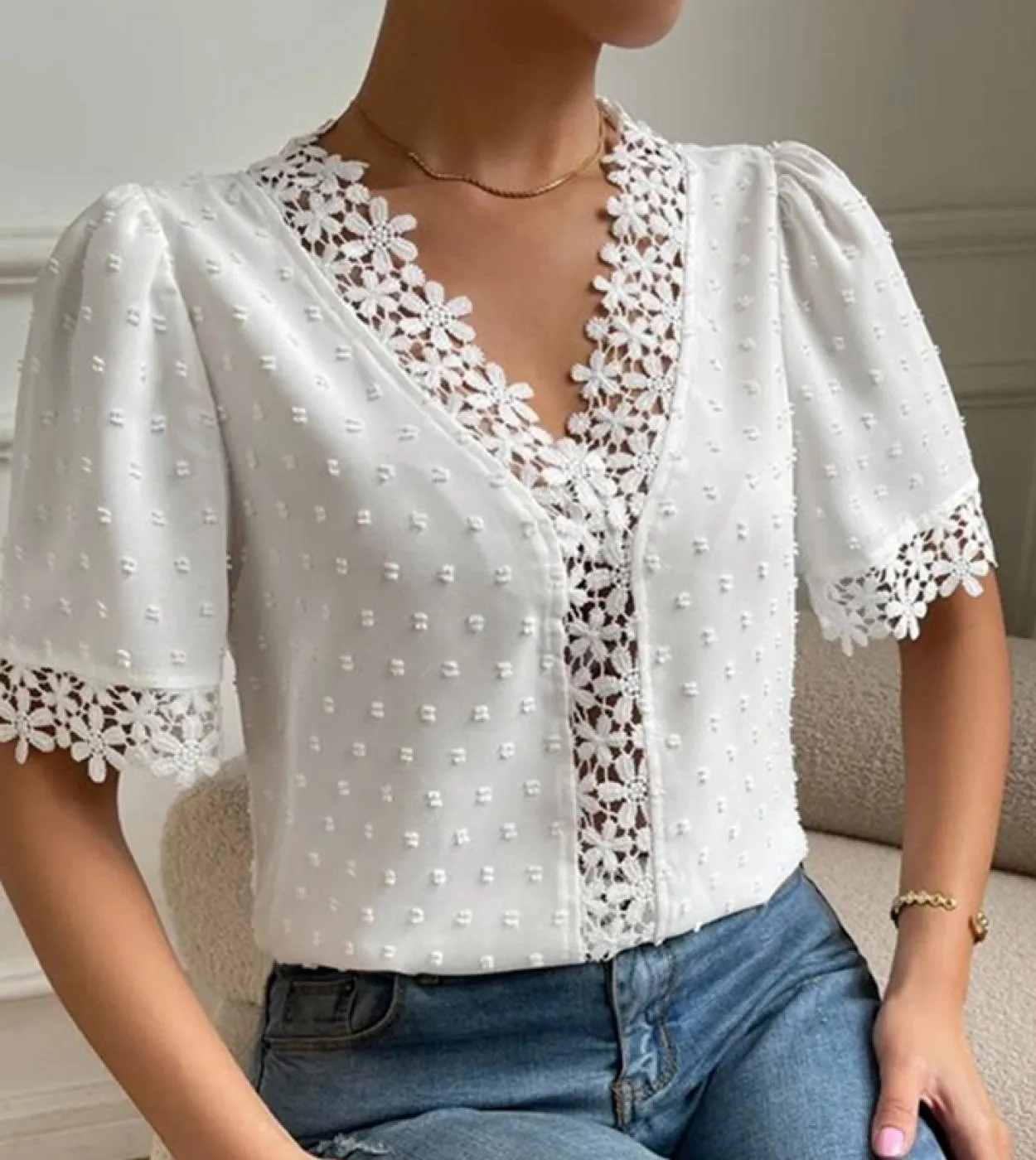 Camicia in chiffon con scollo a V con perline di moda Camicetta in pizzo dolce Camicetta con risvolto estivo Camicetta a maniche