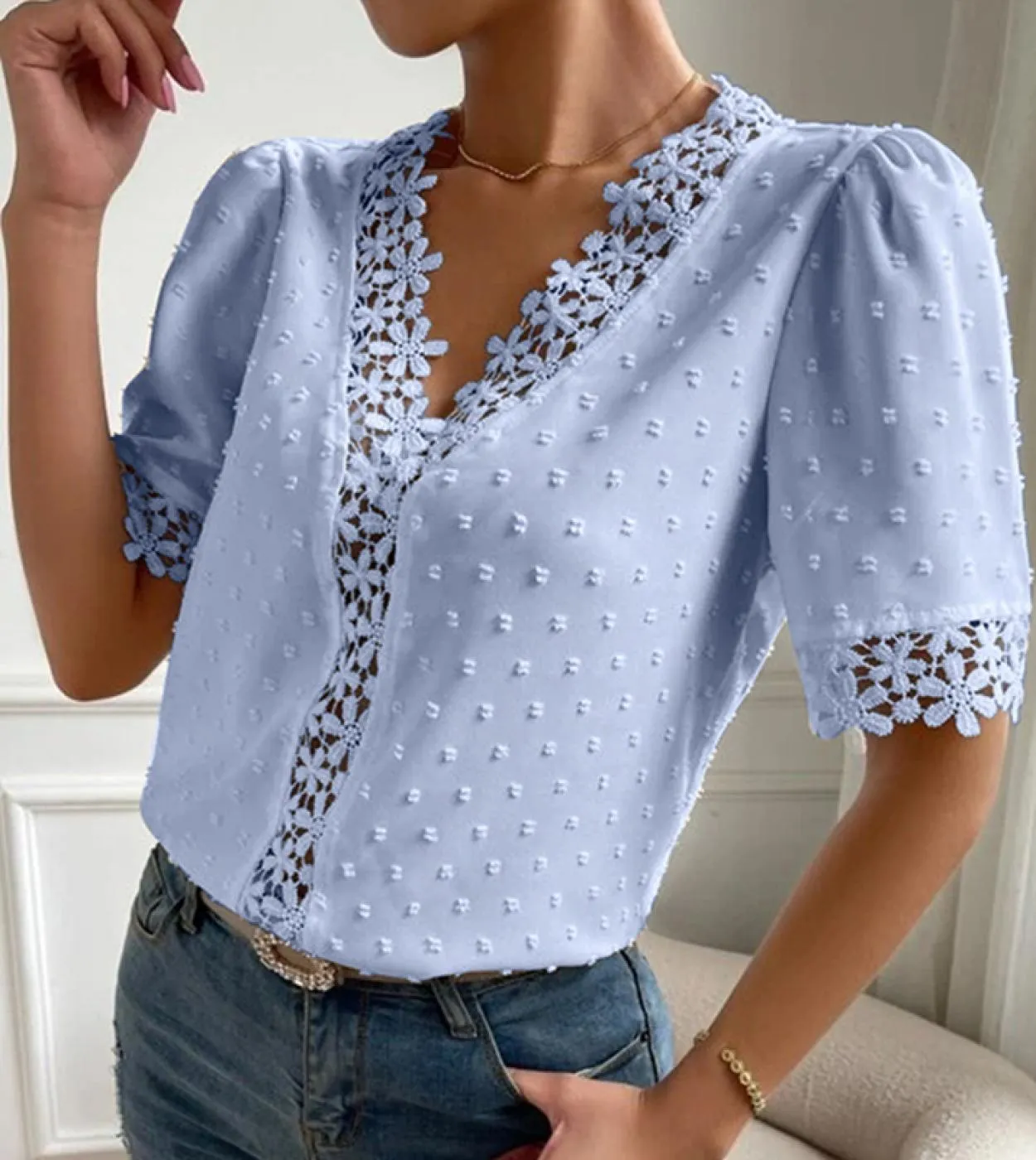 Camicia in chiffon con scollo a V con perline di moda Camicetta in pizzo dolce Camicetta con risvolto estivo Camicetta a maniche