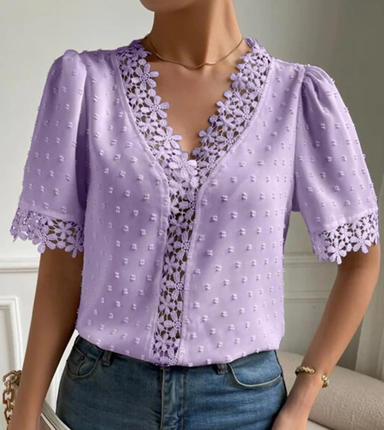 Camicia in chiffon con scollo a V con perline di moda Camicetta in pizzo dolce Camicetta con risvolto estivo Camicetta a maniche