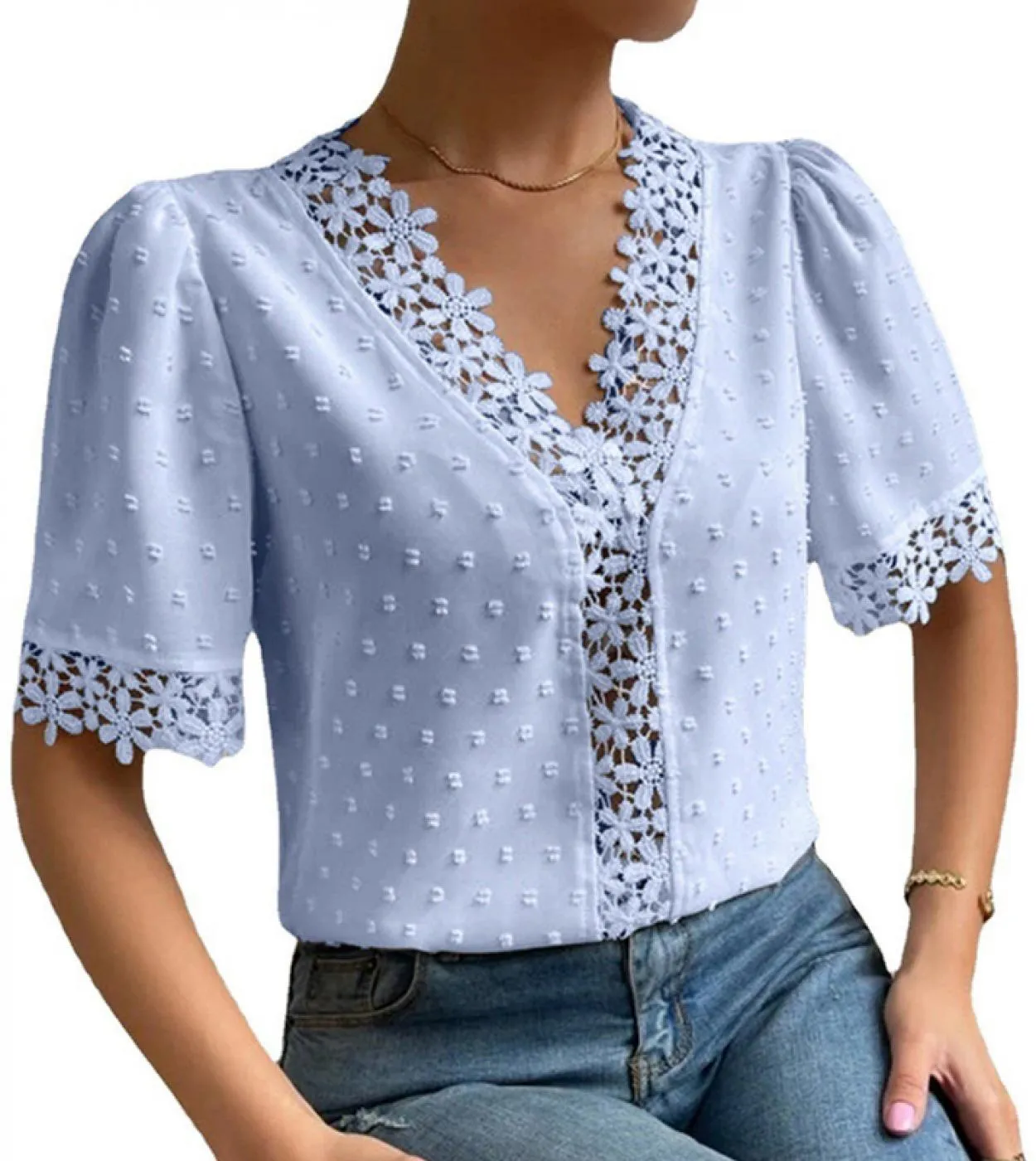 Camicia in chiffon con scollo a V con perline di moda Camicetta in pizzo dolce Camicetta con risvolto estivo Camicetta a maniche