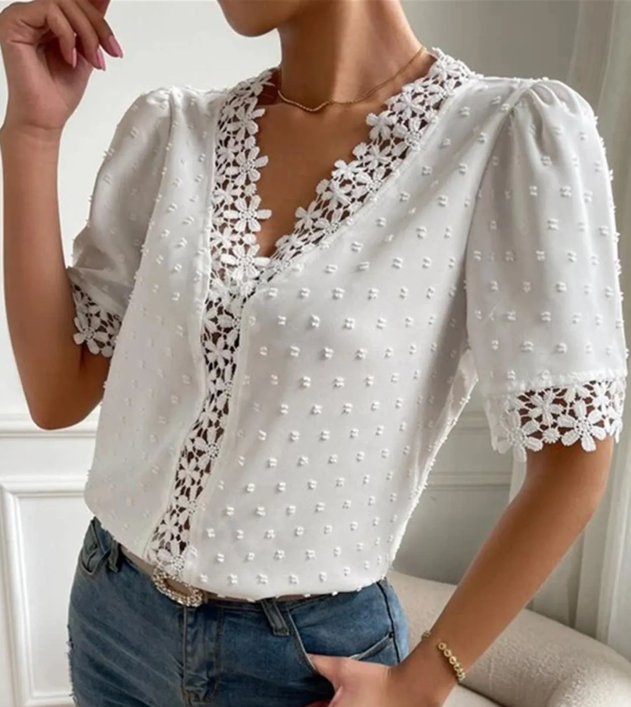 Camicia in chiffon con scollo a V con perline di moda Camicetta in pizzo dolce Camicetta con risvolto estivo Camicetta a maniche