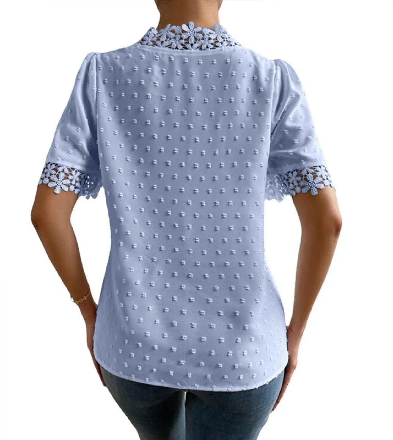 Camicia in chiffon con scollo a V con perline di moda Camicetta in pizzo dolce Camicetta con risvolto estivo Camicetta a maniche