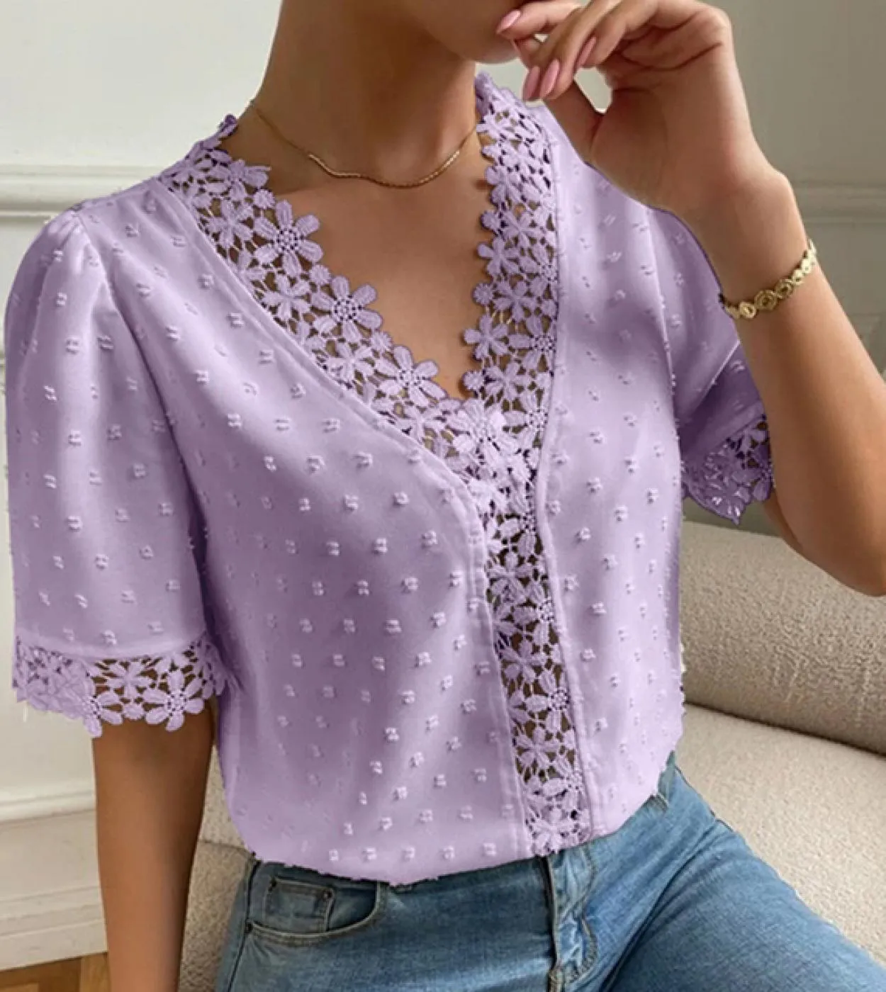 Camicia in chiffon con scollo a V con perline di moda Camicetta in pizzo dolce Camicetta con risvolto estivo Camicetta a maniche