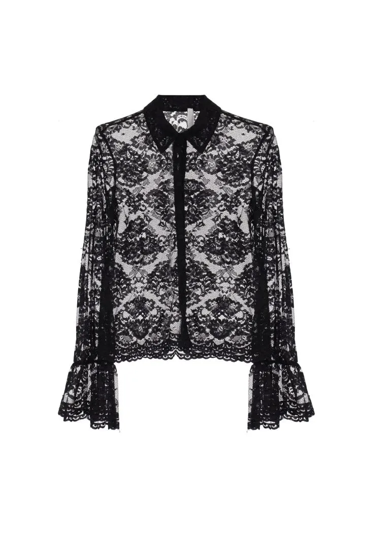 Camicia monocolour effetto pizzo con volant