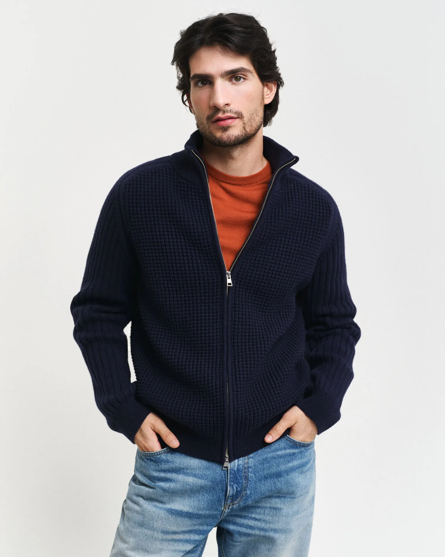 Cardigan con zip in misto lana testurizzata    