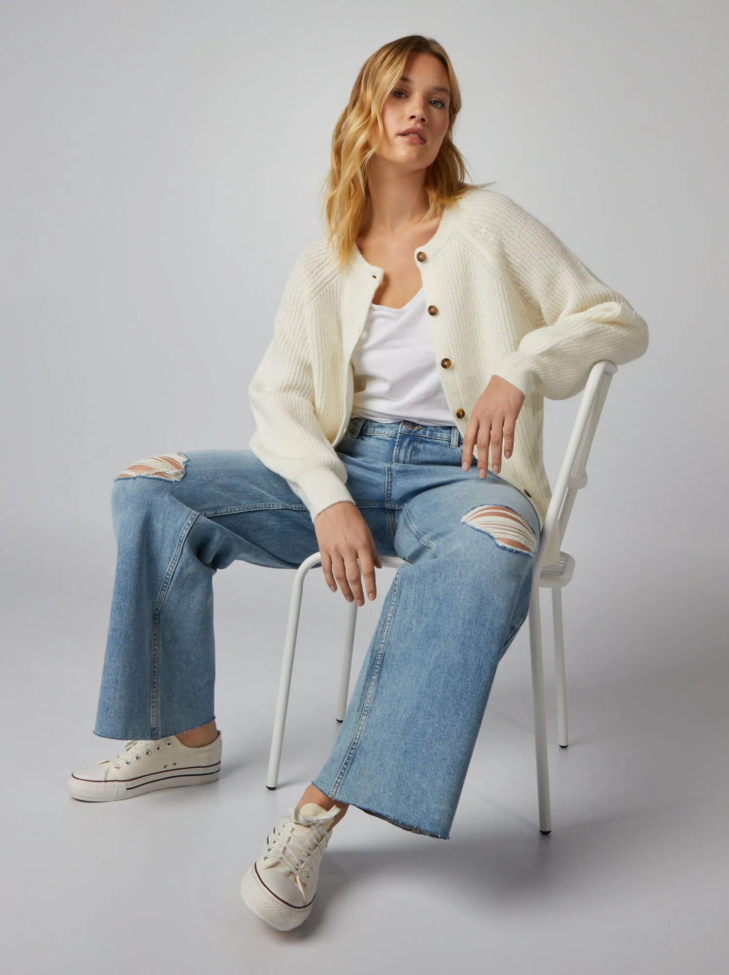 Cardigan scollo tondo in maglia pesante - BIANCO