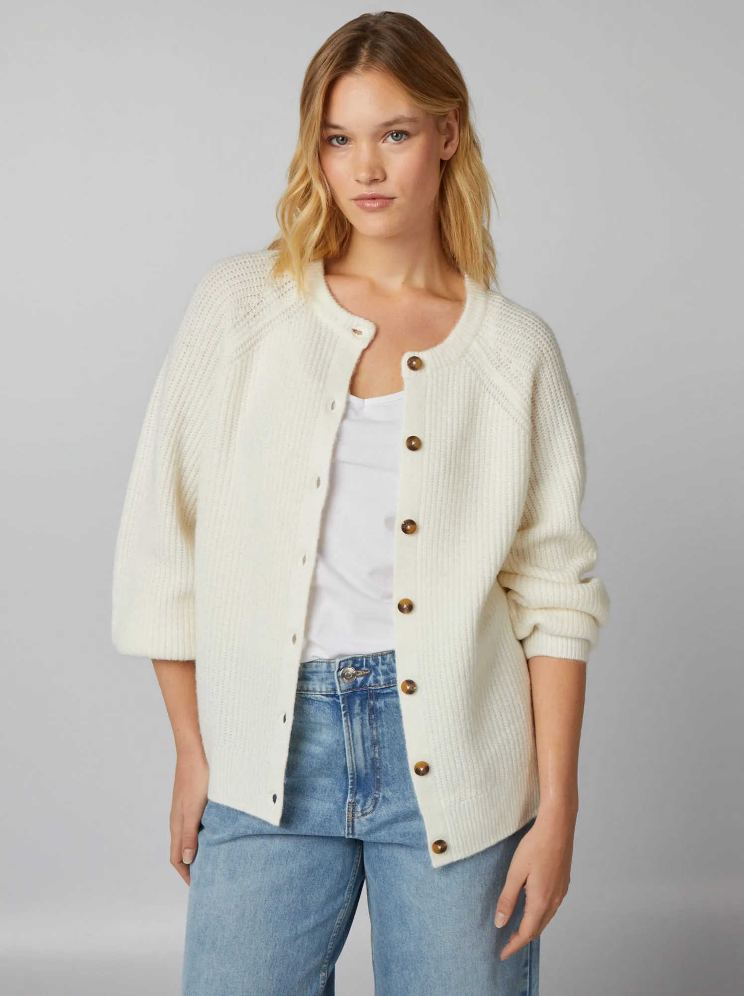 Cardigan scollo tondo in maglia pesante - BIANCO