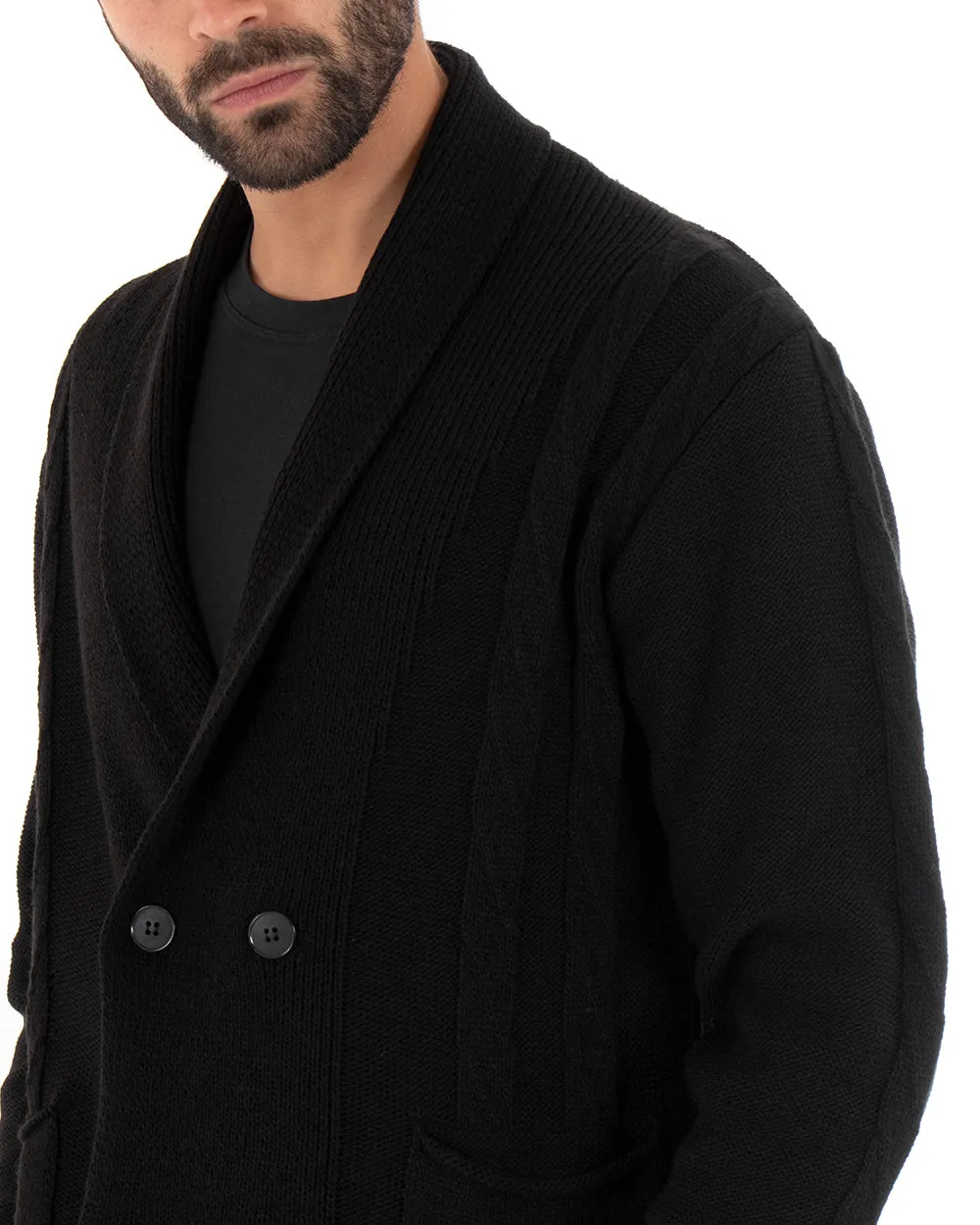 Cardigan Uomo Scollo V Maglioncino Doppiopetto Maglia Giacca Con Bottoni Nero GIOSAL-M2430A
