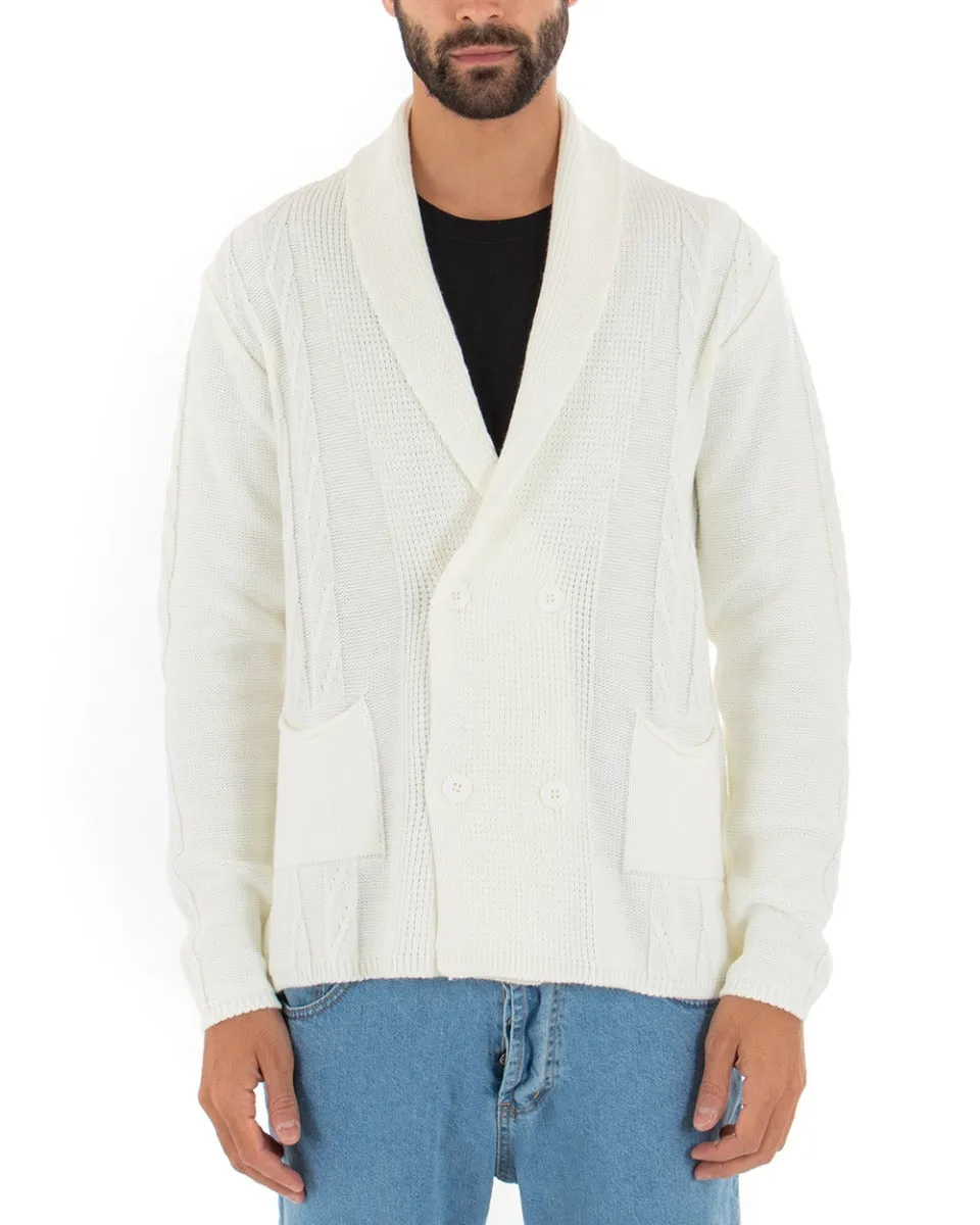 Cardigan Uomo Scollo V Maglioncino Doppiopetto Maglia Giacca Con Bottoni Panna GIOSAL-M2431A