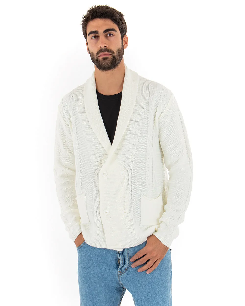 Cardigan Uomo Scollo V Maglioncino Doppiopetto Maglia Giacca Con Bottoni Panna GIOSAL-M2431A