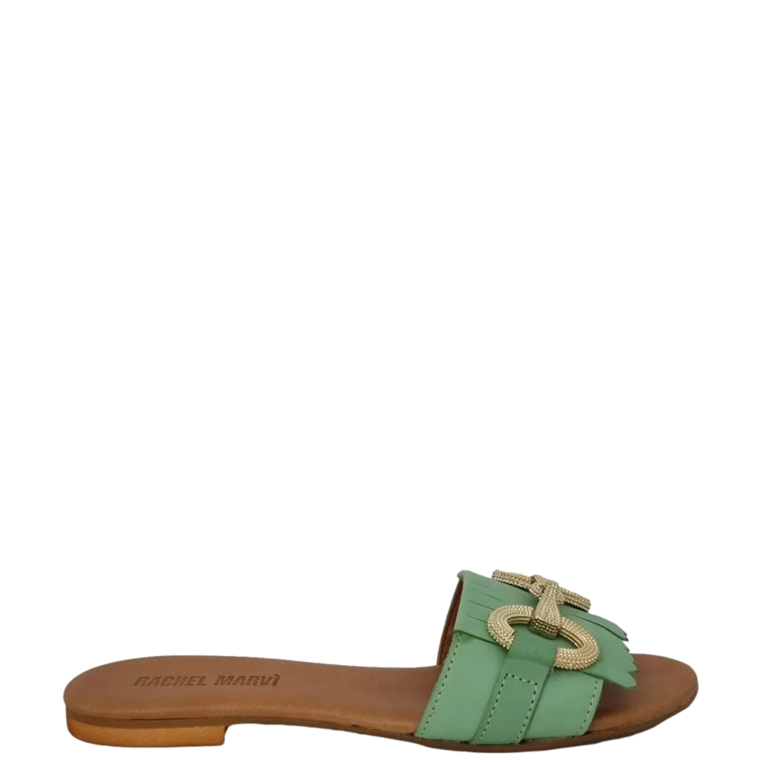 Ciabattine con frange e accessorio oro in pelle verde