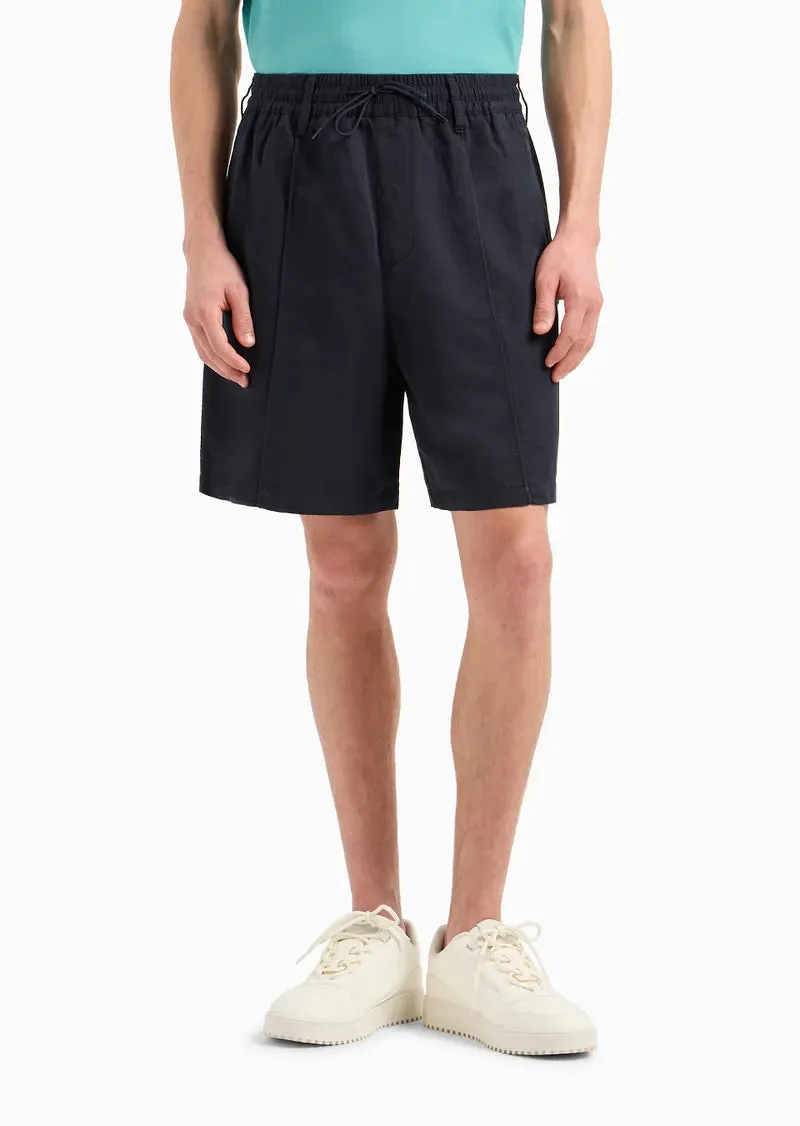 Elastic Waist Bermuda Shorts in Linen Blend Twill / Blue