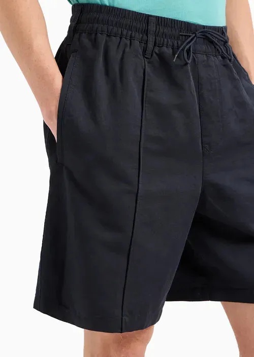 Elastic Waist Bermuda Shorts in Linen Blend Twill / Blue