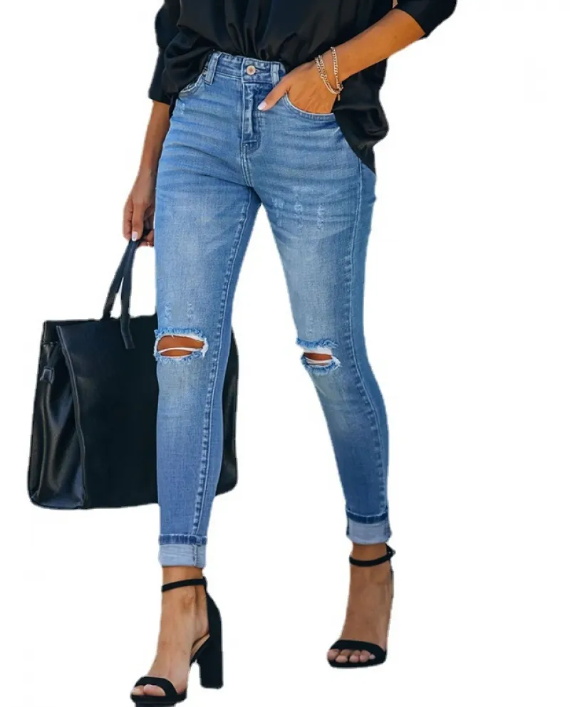 Factory Direct Sales To Europe And The United States, Stepping Into  , Ripped Women's Jeans, Street Trendy Slim-fitting