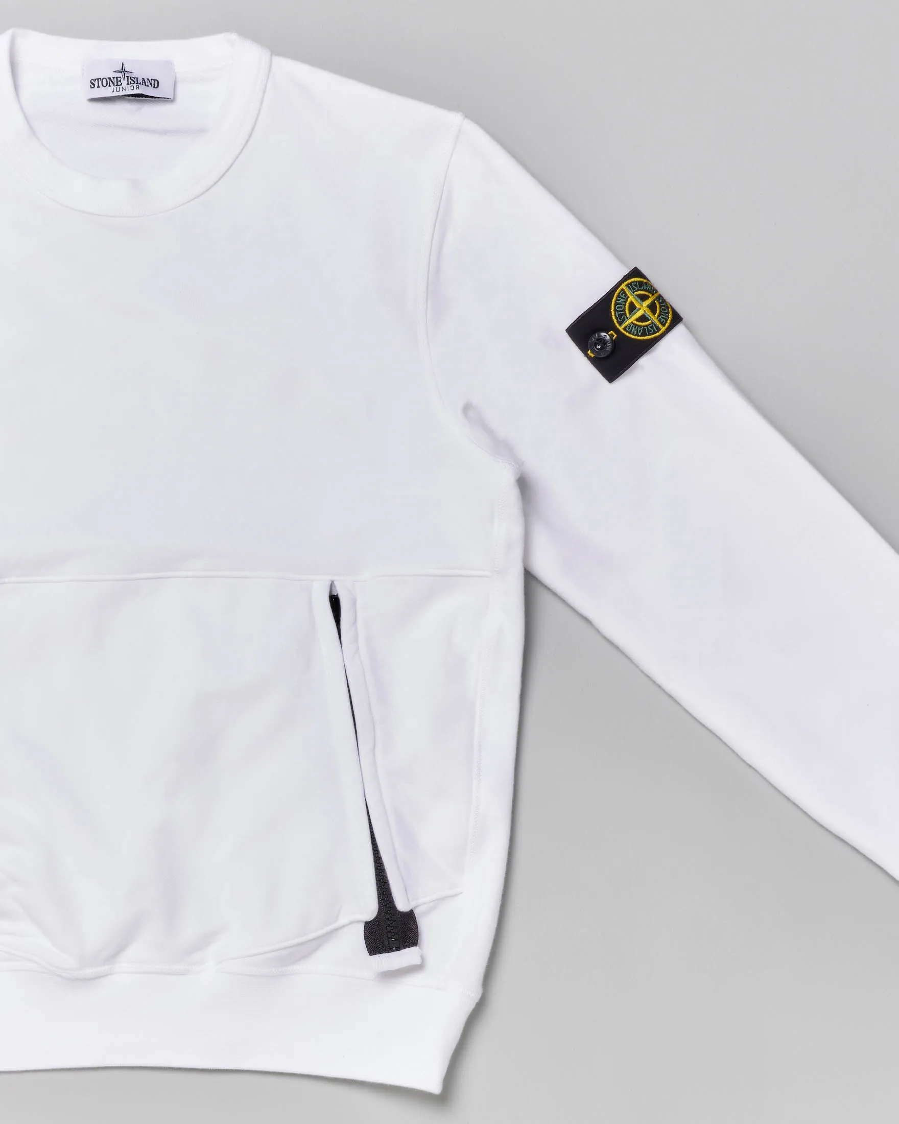 Felpa bianca girocollo in cotone stretch con zip nere in contrasto 10 anni