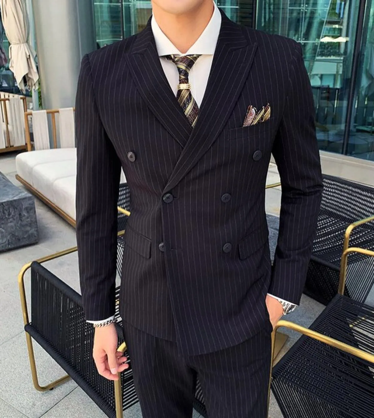 Giacca  Gilet  Pantaloni Abito da sposo doppiopetto smoking da uomo nuovo Abito da gentiluomo britannico Completo da 3 pezzi